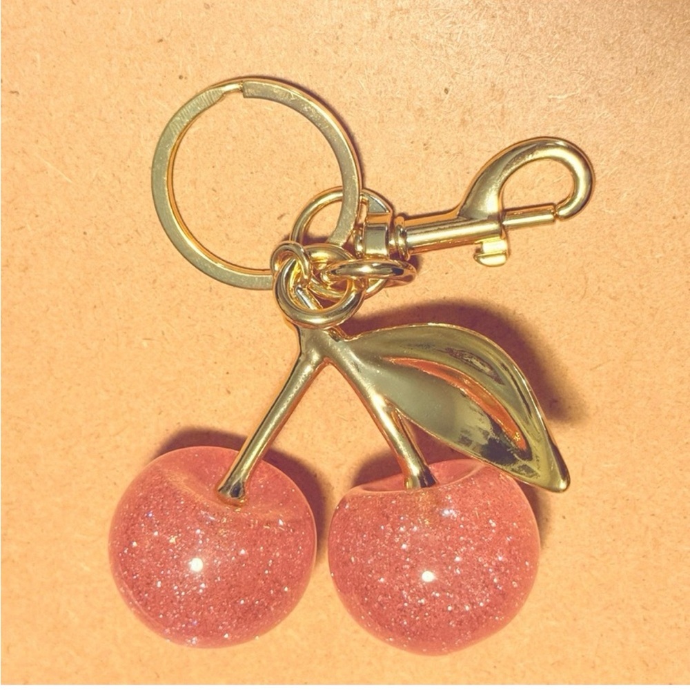 Pink Sparkle Cherry Keychain with Gold Accents Bag Purse Charm